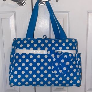 Blue and white polka dot tote